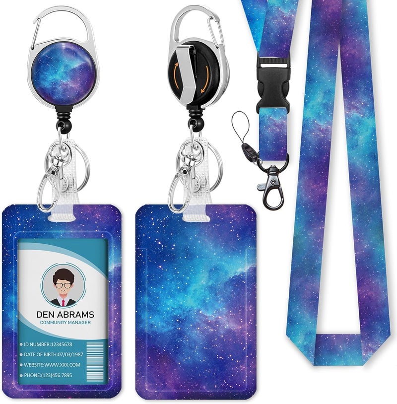 Piefly Lanyards for Id Badges, Nebula Starry Sky Badge Holder with Retractable Reel Belt Clip, Gaxlxy Space Work Name Tag Lanyard Vertical ID Card Protector Case for Women Nurse Doctor Teacher Student - Image 1